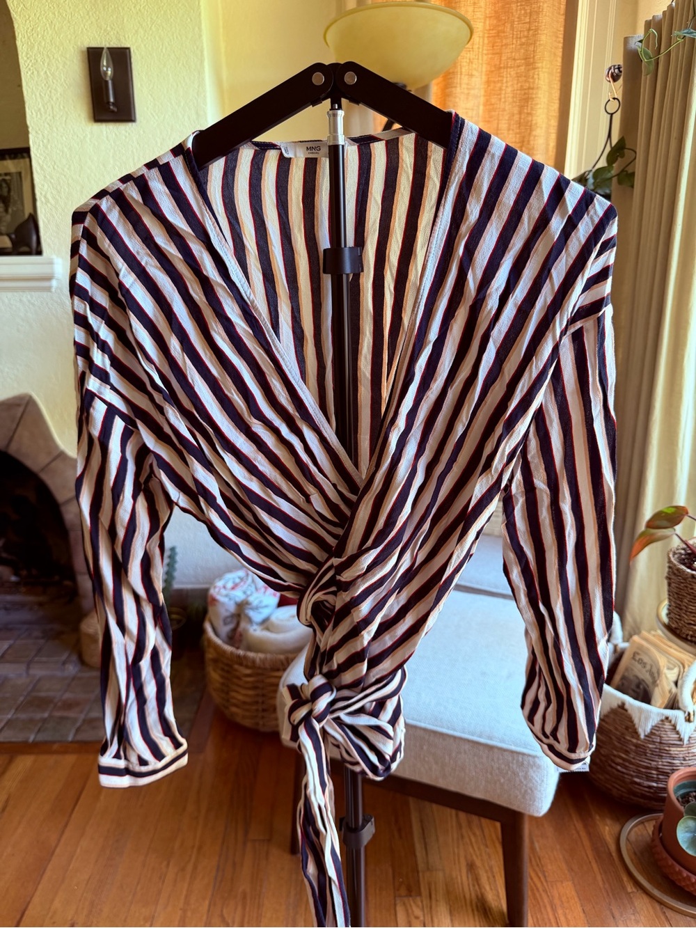 Mango Navy & White Striped Wrap Blouse